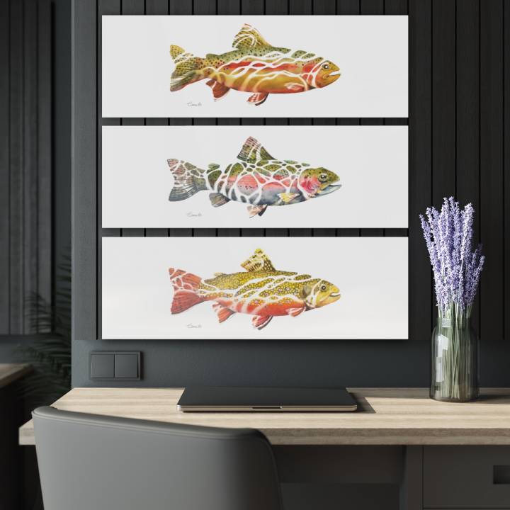 Acrylic triptych wall art featuring 3 trout paintings