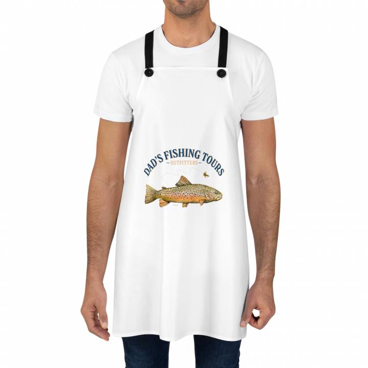 Man wearing Dad's Fishing Tours apron