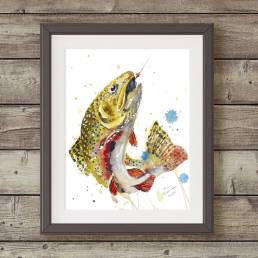 Watercolor painting of a jumping brook trout