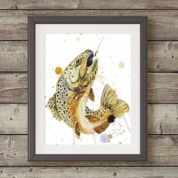 Watercolor painting of a jumping brown trout